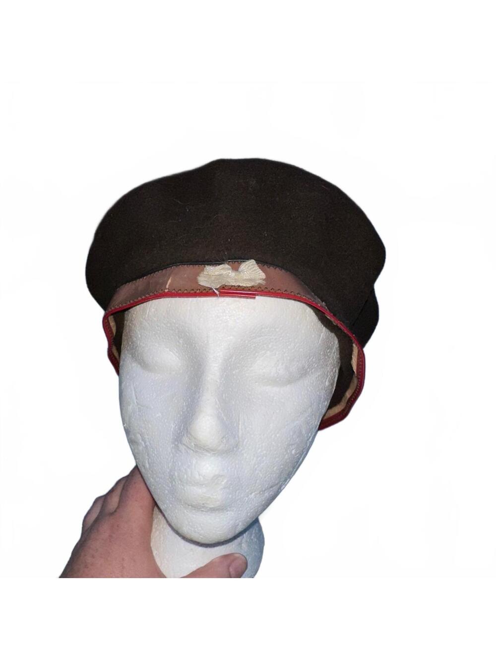 Vintage Codeba Basque Beret Brown 100% Wolle Wool Coat of Arms Leather Trim
